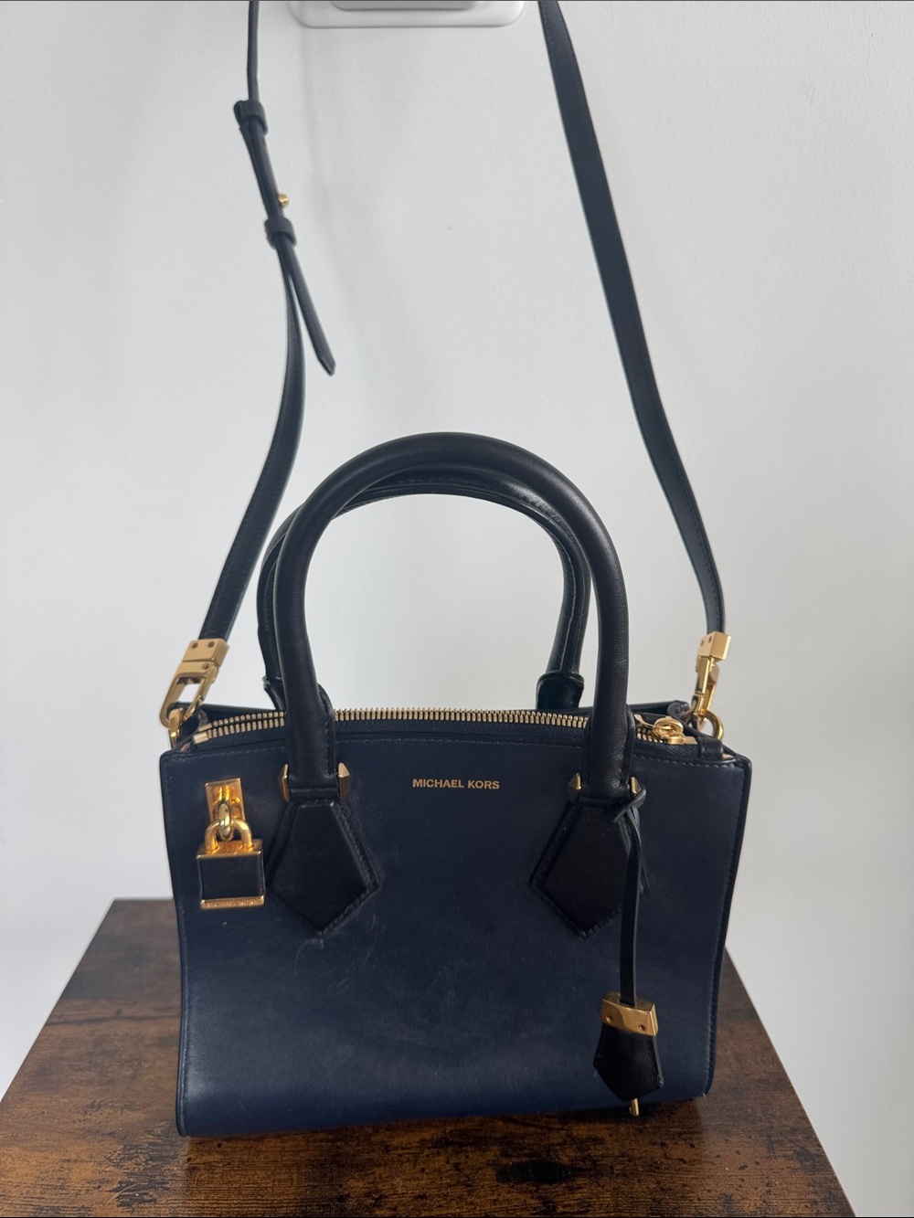 Michael Kors Navy and Black Leather Satchel with Gold Hardware
